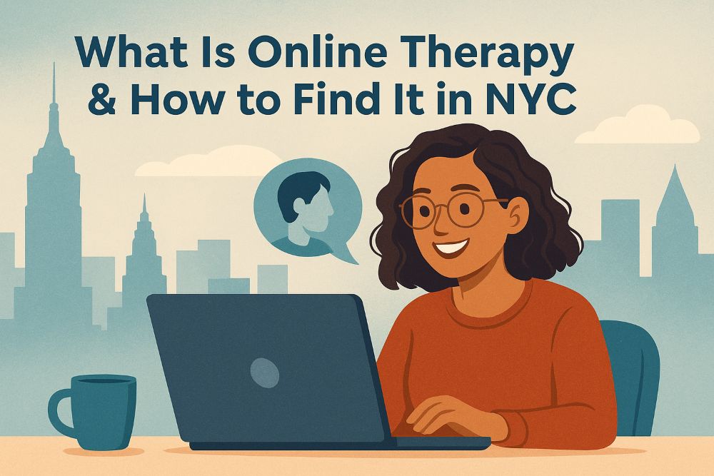Illustration of online therapy session in NYC with a relaxed person on video call, symbolizing virtual mental health support