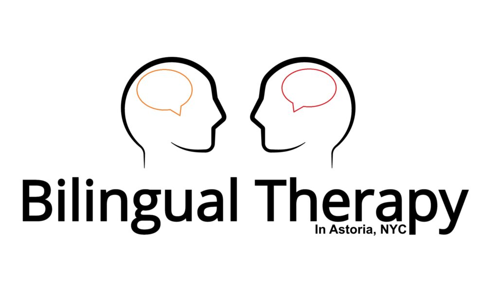 Two outline heads facing each other with speech bubbles inside, symbolizing bilingual communication and therapy in Astoria, NYC.